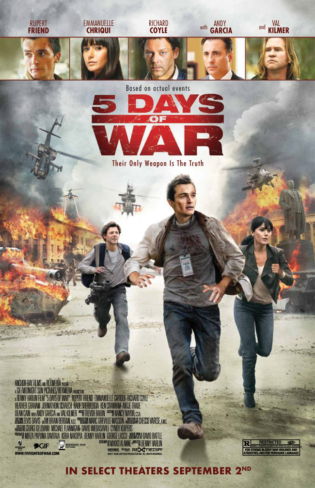 The movie poster for 5 Days of War with Val Kilmer, Andy Garcia and Rupert Friend