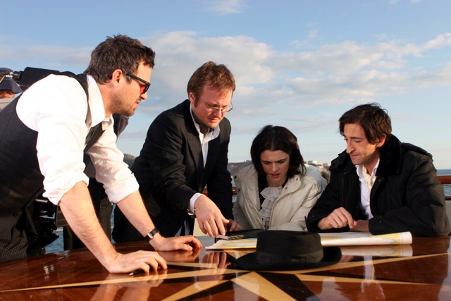 MARK RUFFALO (far left), Director Rian Johnson (left), RACHEL WEISZ (right) and ADRIEN BRODY (far right) star in the adventure comedy BROTHERS BLOOM, a Summit Entertainment release.