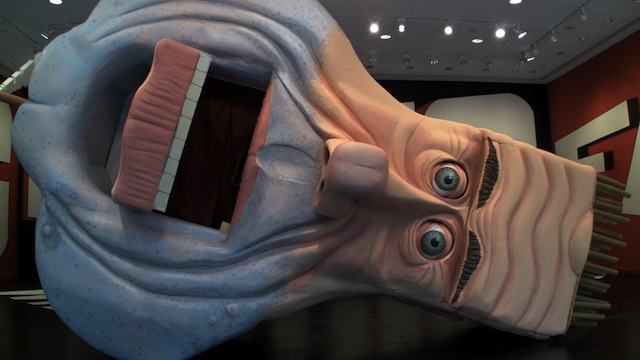 Wayne White’s enormous puppet head of George Jones installed at the Rice Gallery in Houston, Texas.