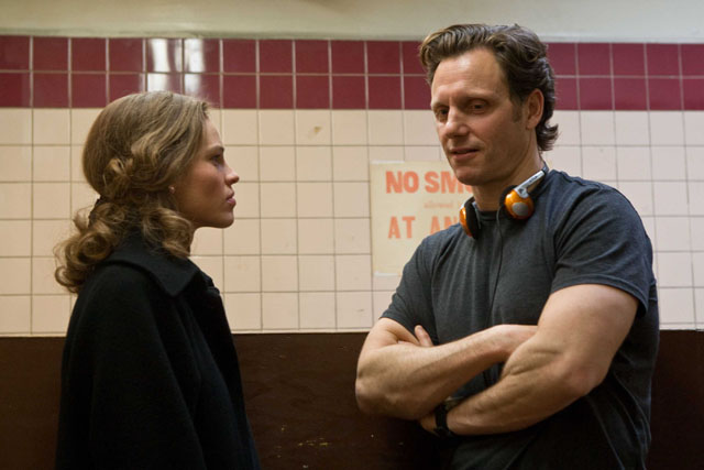 Hilary Swank directed by Tony Goldwyn on the set of ‘Conviction’