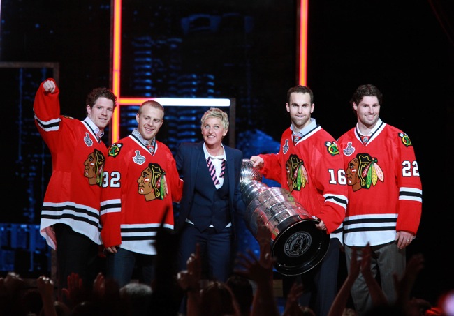 Ellen DeGeneres with the Blackhawks” target=