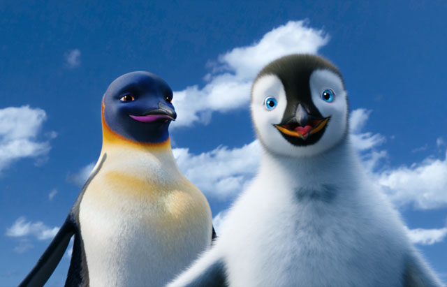 Dancing Two: Gloria (voice of Pink) and Mumble (Elijah Wood) in ‘Happy Feet Two’