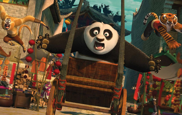 Monkey (voice of Jackie Chan), Po (Jack Black) and Tigress (Angelina Jolie in ‘Kung Fu Panda 2’