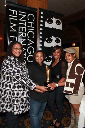 Mississippi Damned filmmakers and cast members celebrate Gold Hugo win at Chicago International Film Festival Awards Ceremony on Saturday October 18th.  Photographed from left to right - Morgan Stiff (producer), Tina Mabry (writer/director), Jossie Thacker (Actress), Chastity Hammitte (actress).