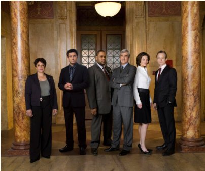 Pictured: (l-r) S. Epatha Merkerson as Lt. Anita Van Buren, Jeremy Sisto as Cyrus Lupo, Anthony Anderson Detective Kevin Bernard, Sam Waterston as Asst. D.A. Jack McCoy, Alana De La Garza as Connie Rubirosa, Linus Roache as Michael Cutter -- NBC Photo: Virginia Sherwood