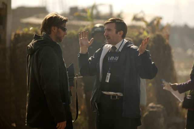 Director Neill Blomkamp and Sharlto Copley on the set of TriStar Pictures' sci-fi thriller DISTRICT 9.