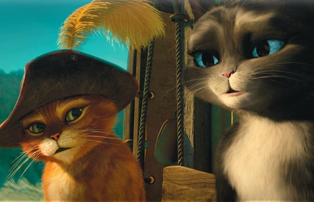 Puss (voice of Antonio Banderas) and Kitty Softpaws (Salma Hayek) in ‘Puss in Boots’