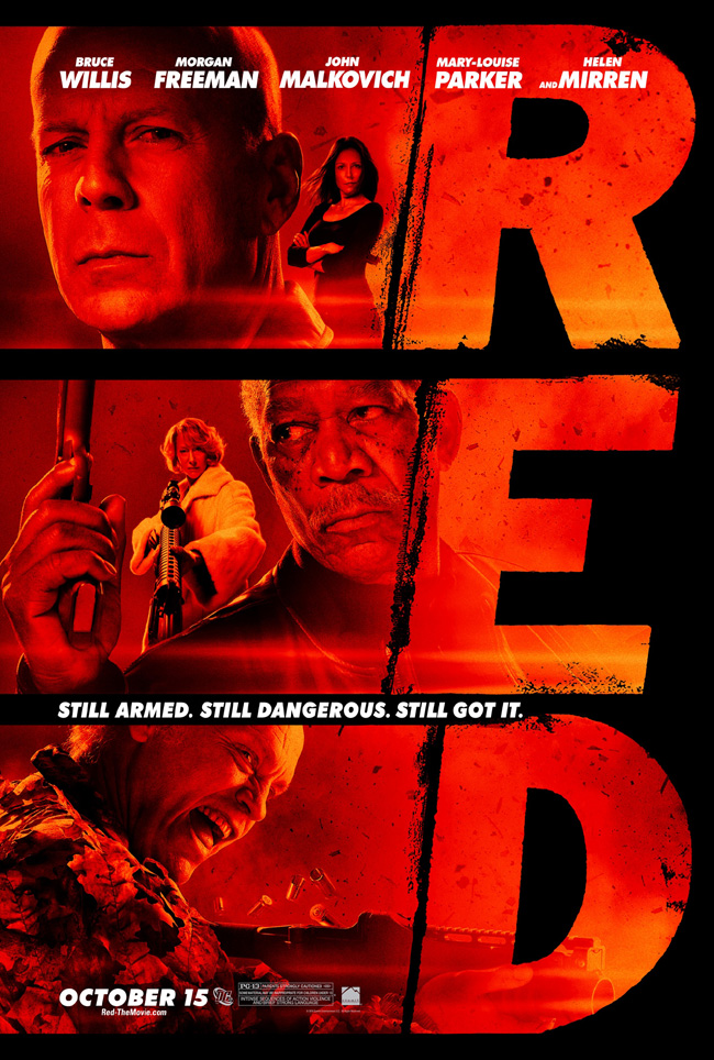 The movie poster for Red with Bruce Willis, Morgan Freeman, John Malkovich, Helen Mirren and Mary-Louise Parker