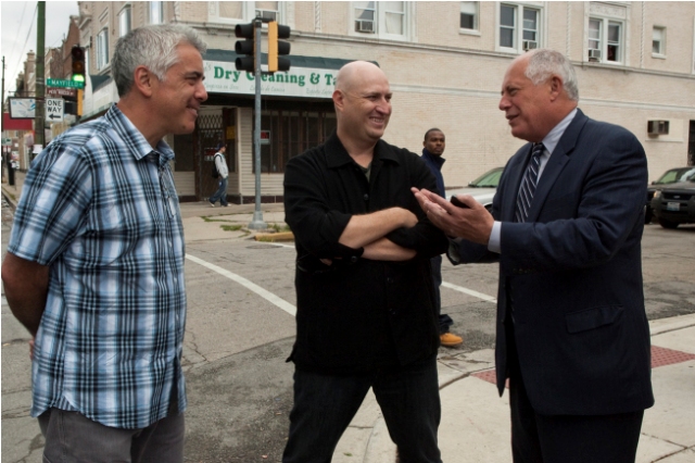 Director Adam Arkin, Shawn Ryan, and Governor Pat Quinn on the set of The Chicago Code