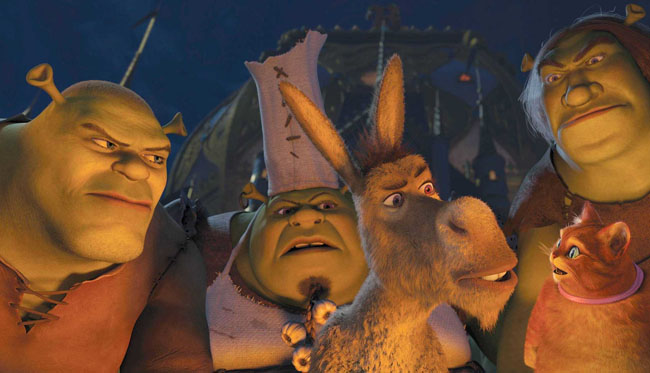 Brogan (Jon Hamm), Cookie (Craig Robinson), Donkey (Eddie Murphy) and Puss In Boots (Antonio Banderas) in ‘Shrek Ever After’