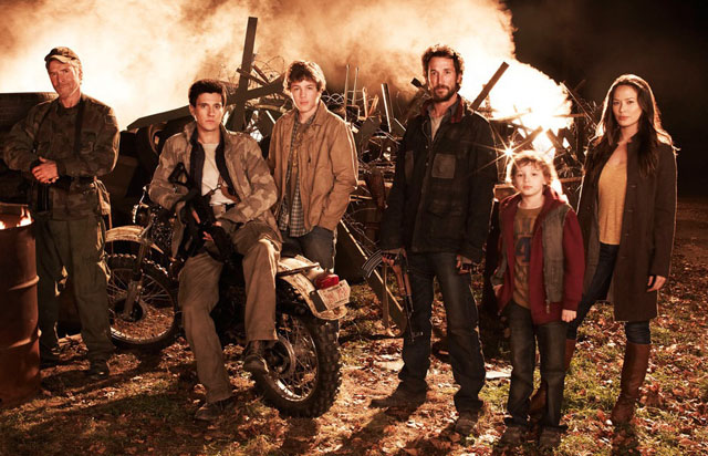 The Cast of ‘Falling Skies’: (L-R) Will Patton, Drew Roy, Conor Jessup, Noah Wyle, Maxim Knight and Moon Bloodgood