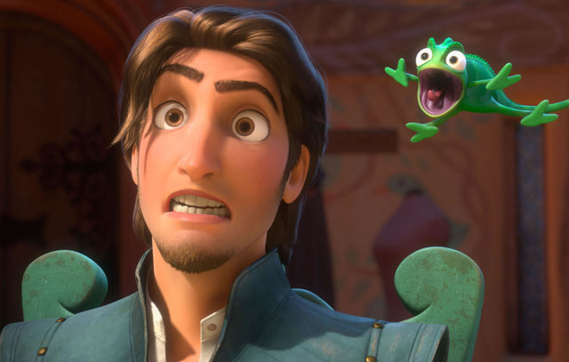 Take Two: Flynn (Zachary Levi) and the Chameleon Pascal React Comedically in ‘Tangled’