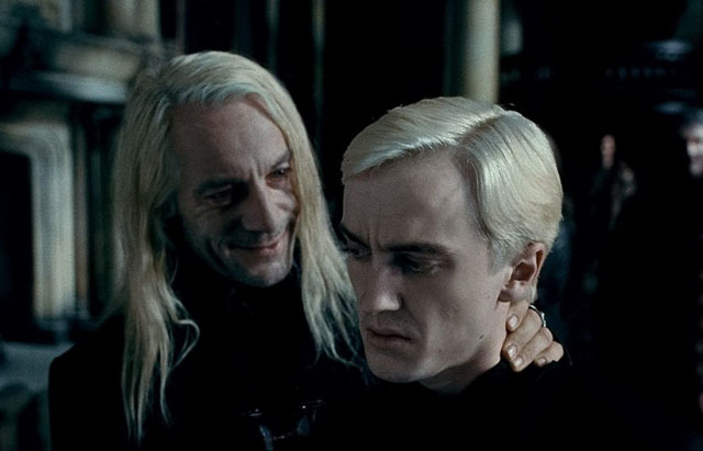 Jason Isaacs as Lucius Malfoy and Tom Felton as Draco in ‘Harry Potter and the Deathly Hallows: Part 1’