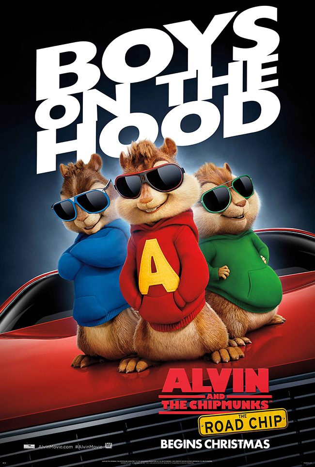 The movie poster for Alvin and the Chipmunks: The Road Chip starring Kaley Cuoco and Jason Lee