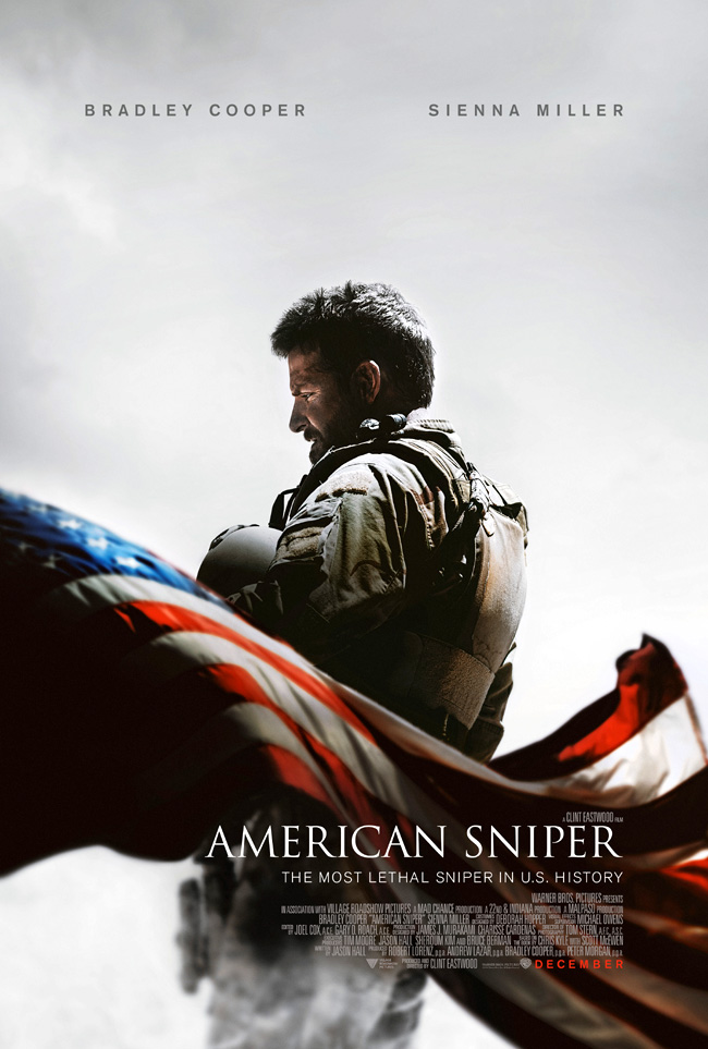 The movie poster for American Sniper starring Bradley Cooper from director Clint Eastwood