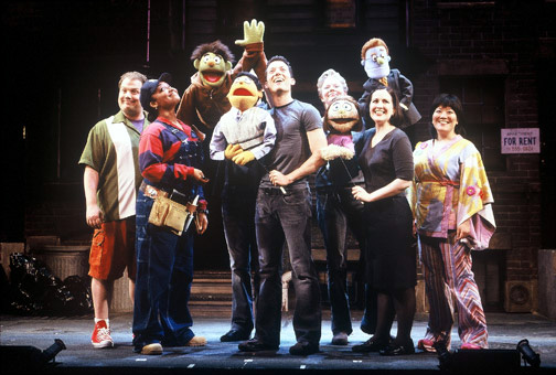 Jordan Gelber, Natalie Venetia Belcon, Nicky, Rick Lyon (behind Nicky), Princeton, John Tartaglia, Kate Monster, Jennifer Barnhart (behind Kate), Stephanie D'Abruzzo, Rod (behind Stephanie D'Abruzzo) and Ann Harada in Avenue Q in Chicago