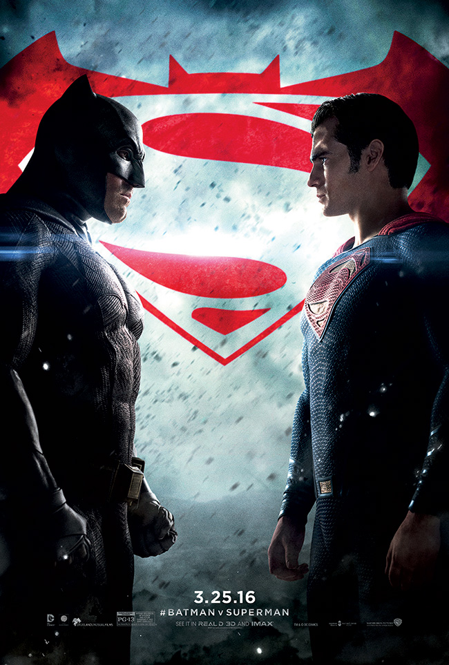 The movie poster for Batman v Superman: Dawn of Justice starring Ben Affleck and Henry Cavill