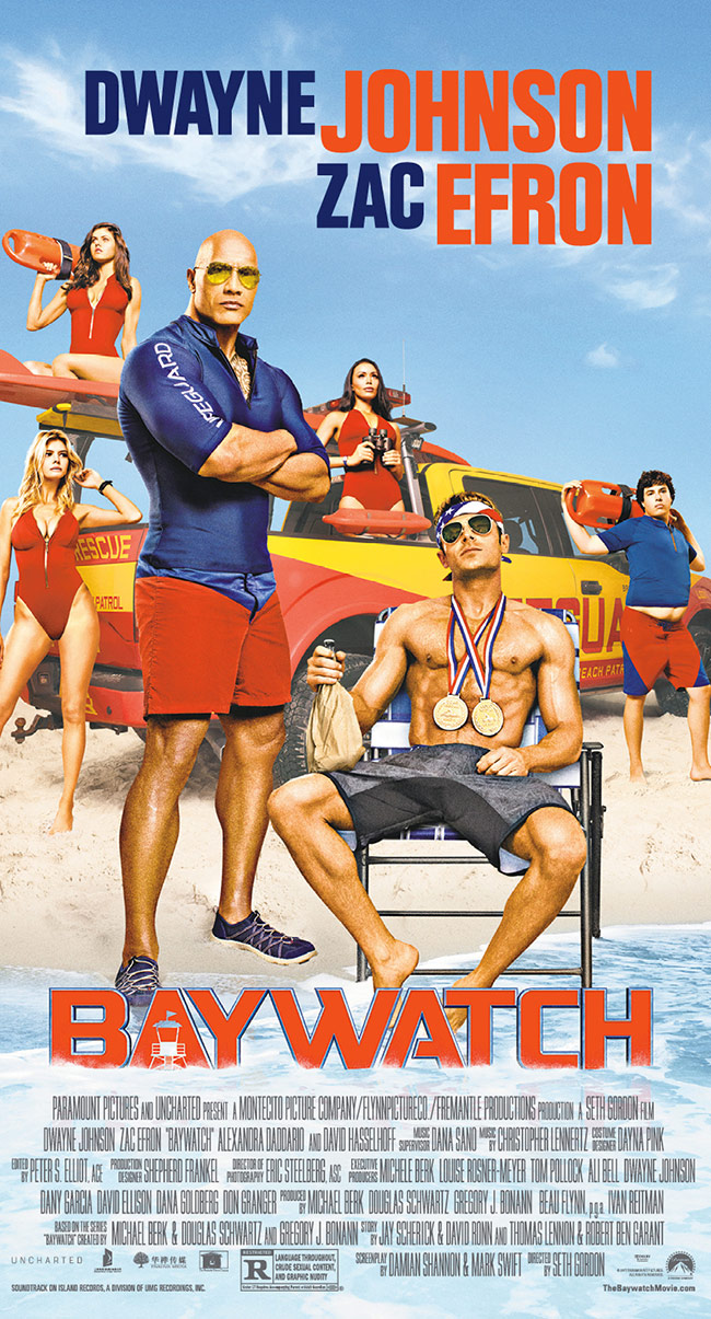 The movie poster for Baywatch starring Dwayne Johnson and Zac Efron