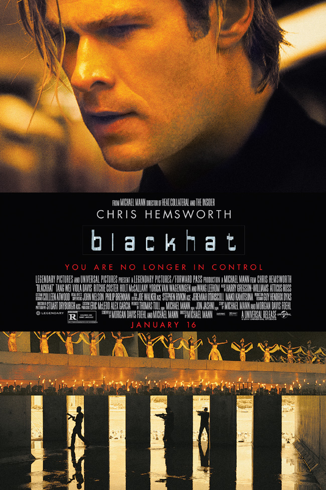 The movie poster for Blackhat starring Chris Hemsworth from Michael Mann