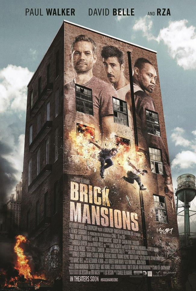 The movie poster for Brick Mansions starring Paul Walker, RZA and David Belle