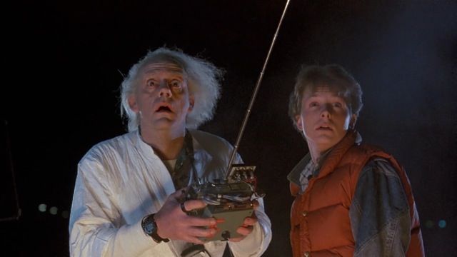 Christopher Lloyd and Michael J. Fox star in Robert Zemeckis’s Back to the Future.