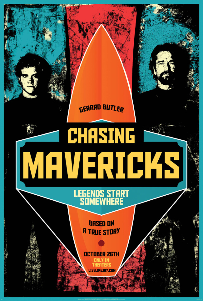 The movie poster for Chasing Mavericks with Gerard Butler and Elisabeth Shue