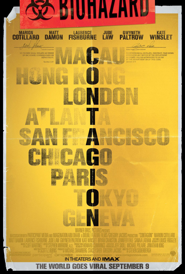 The movie poster for Contagion with Matt Damon, Kate Winslet and Jude Law