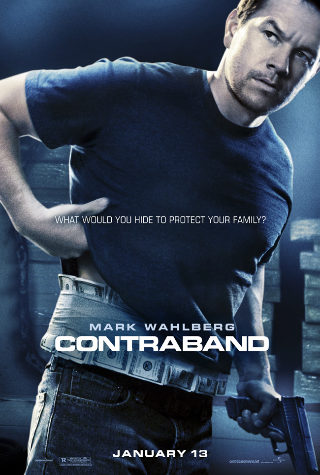 The movie poster for Contraband with Mark Wahlberg and Kate Beckinsale