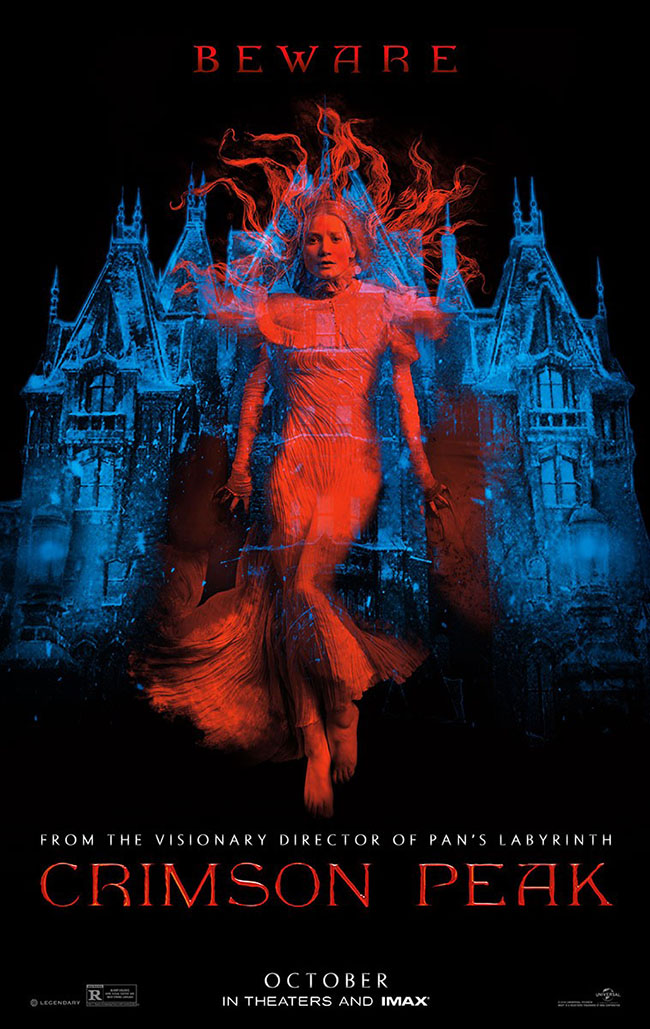 The movie poster for Crimson Peak from Guillermo del Toro starring Mia Wasikowska