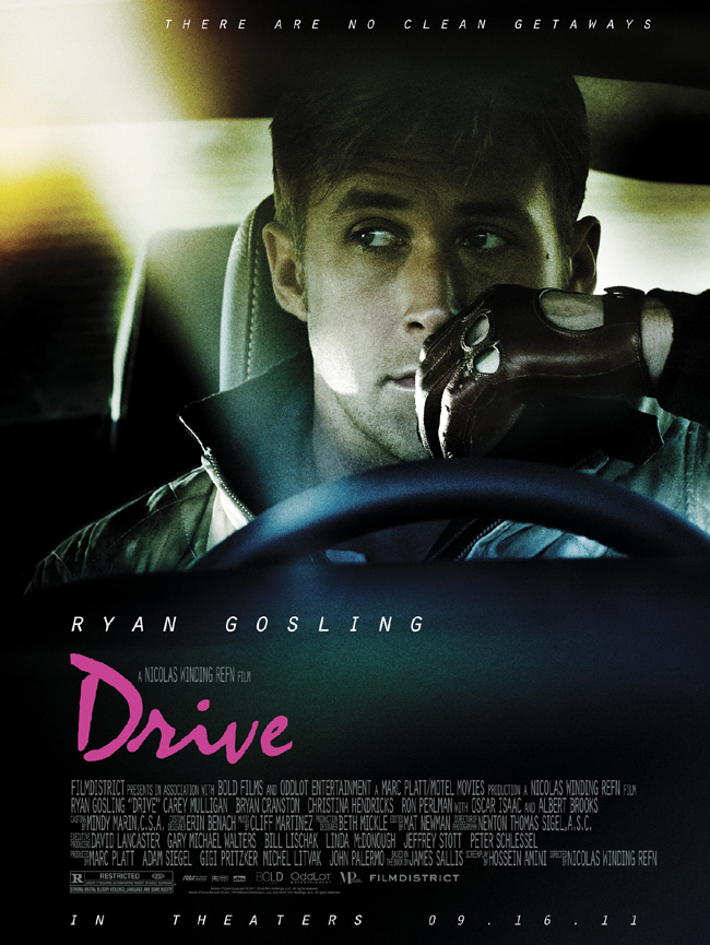 The movie poster for Drive with Ryan Gosling, Carey Mulligan and Bryan Cranston