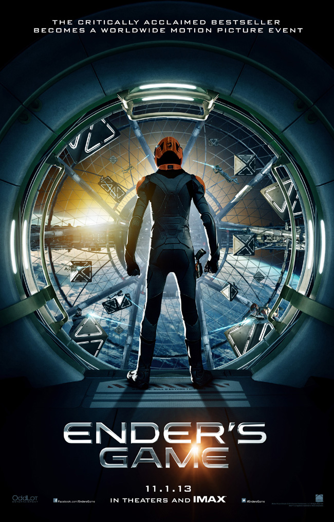 The movie poster for Ender's Game starring Harrison Ford and Asa Butterfield