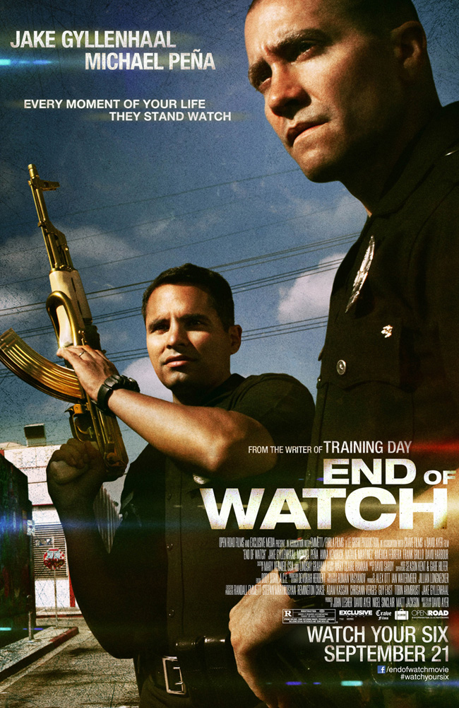 The movie poster for End of Watch starring Jake Gyllenhaal and Michael Pena