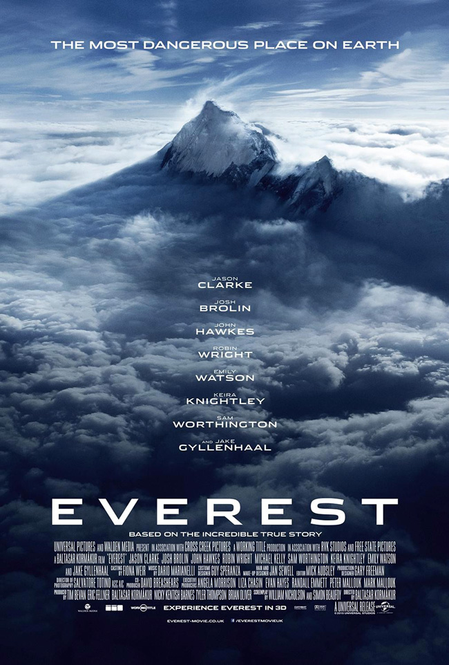 The movie poster for Everest starring Jason Clarke, Jake Gyllenhaal and Keira Knightley