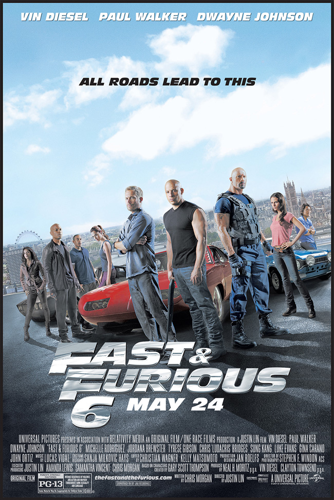 The movie poster for Fast and Furious 6 starring Dwayne Johnson and Vin Diesel