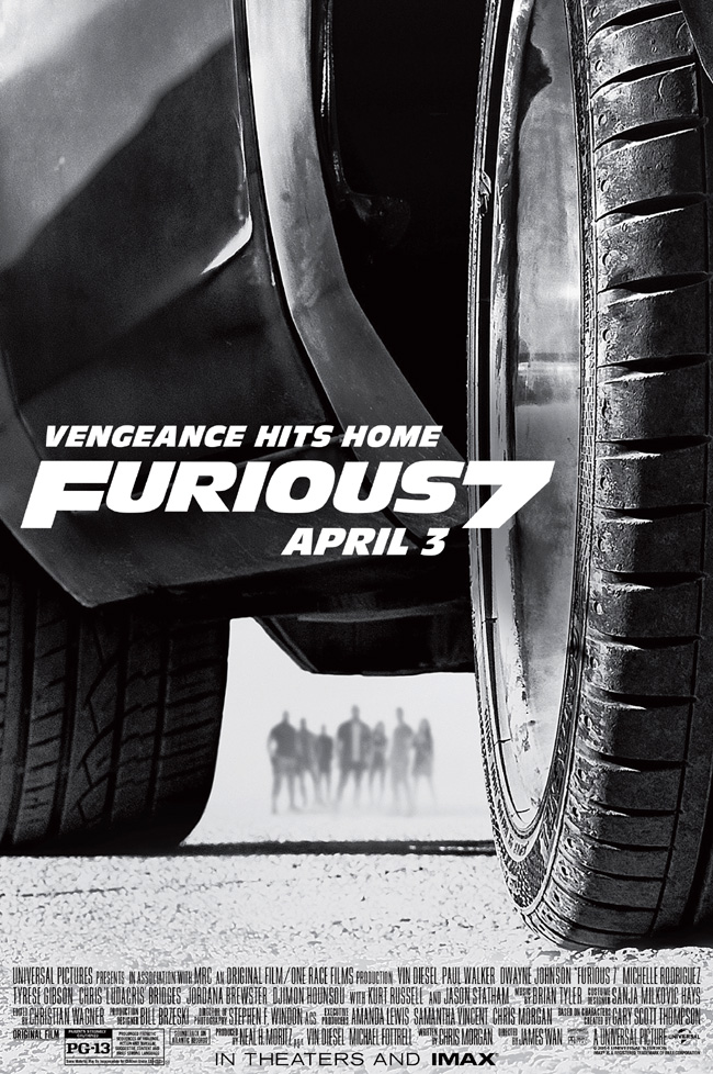 The movie poster for Furious 7 starring Vin Diesel, Paul Walker, Dwayne Johnson and Michelle Rodriguez