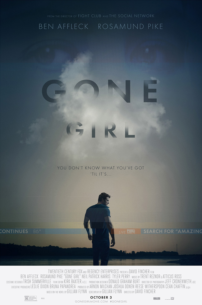 The movie poster for Gone Girl starring Ben Affleck and Rosamund Pike