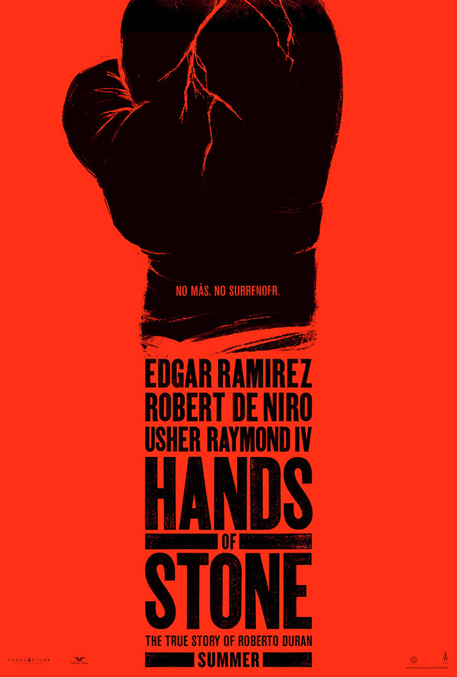 The movie poster for Hands of Stone starring Edgar Ramirez and Robert De Niro