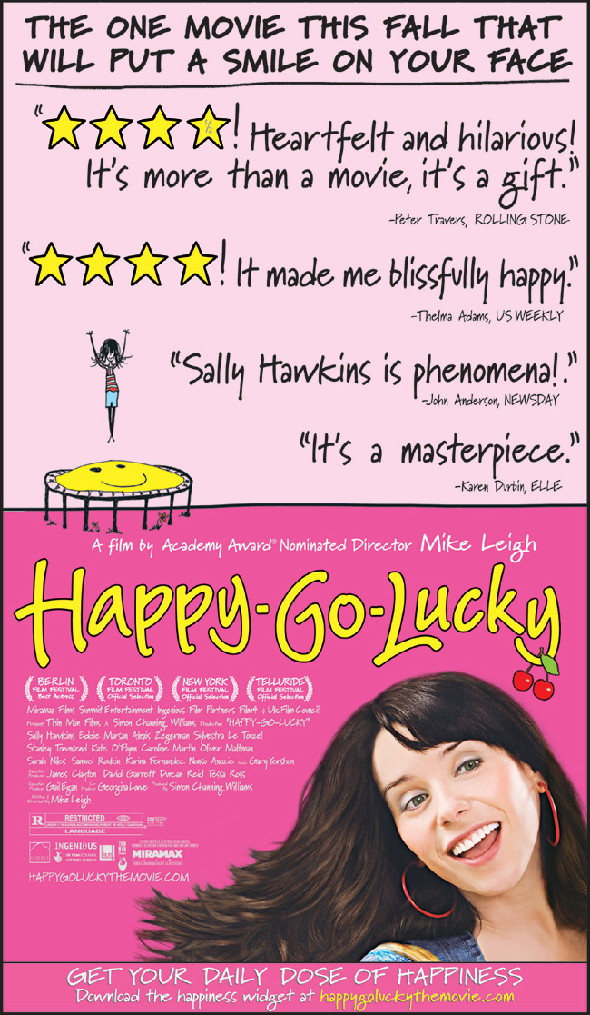 Happy-Go-Lucky features Sally Hawkins, Eddie Marsan, Alexis Zegerman and Samuel Roukin