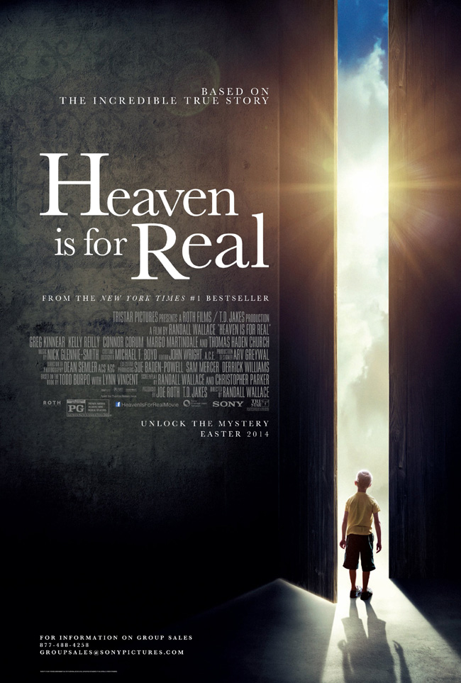 The movie poster for Heaven is For Real with Greg Kinnear