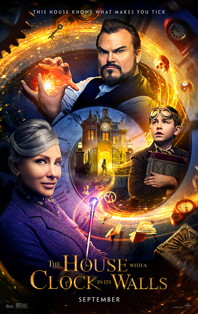 The movie poster for The House with a Clock in Its Walls starring Cate Blanchett and Jack Black