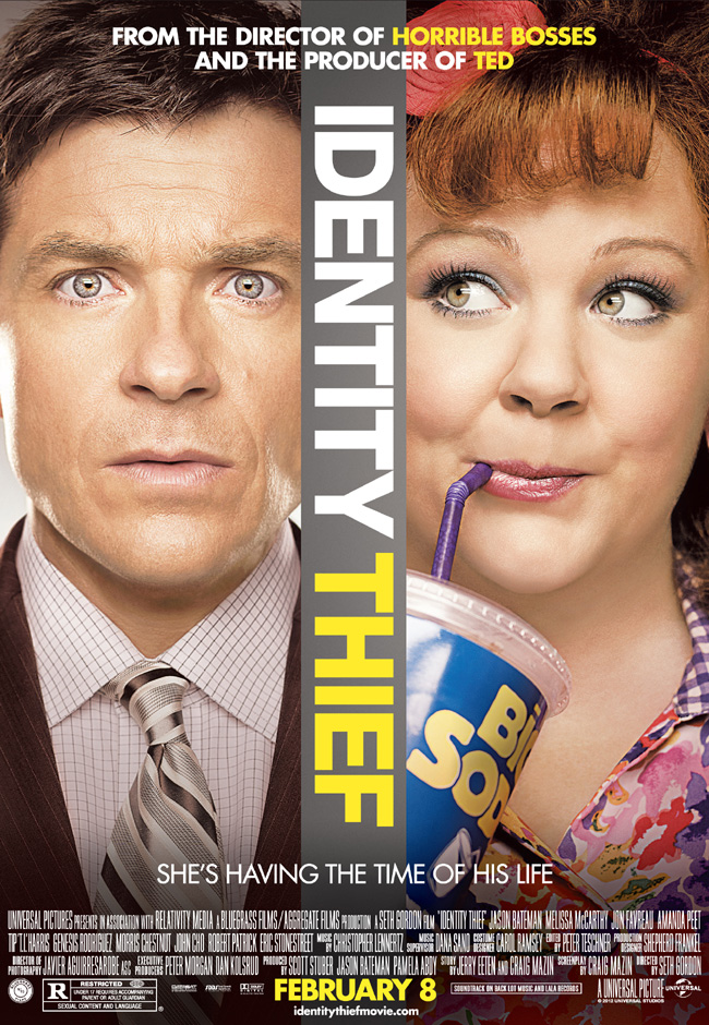 The movie poster for Identity Thief starring Jason Bateman and Melissa McCarthy