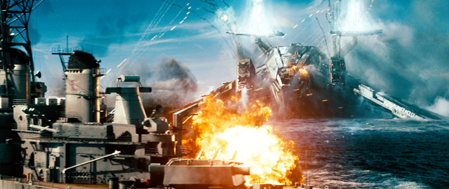 Alien invaders attack a naval ship in Battleship