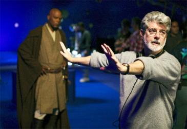 Samuel L. Jackson (left) and George Lucas on the set of Star Wars Episode III: Revenge of the Sith