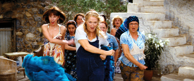 Left to right: Tanya Chesham-Leigh (Christine Baranski), Donna Sheridan (Meryl Streep) and Rosie Rice (Julie Walters) lead the Greek chorus in the musical romantic comedy Mamma Mia!