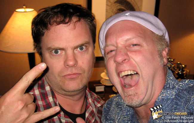 Rainn Wilson in Chicago (left) for The Rocker with HollywoodChicago.com film critic Patrick McDonald (right)
