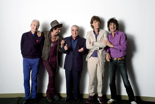 Left to right: Charlie Watts, Keith Richards, director Martin Scorsese, Mick Jagger and Ronnie Wood backstage during filming of the Rolling Stones concert film Shine a Light