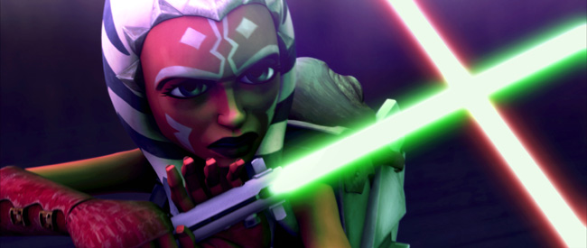 Ahsoka Tano (Ashley Eckstein) engages in battle with an enemy in Star Wars: The Clone Wars