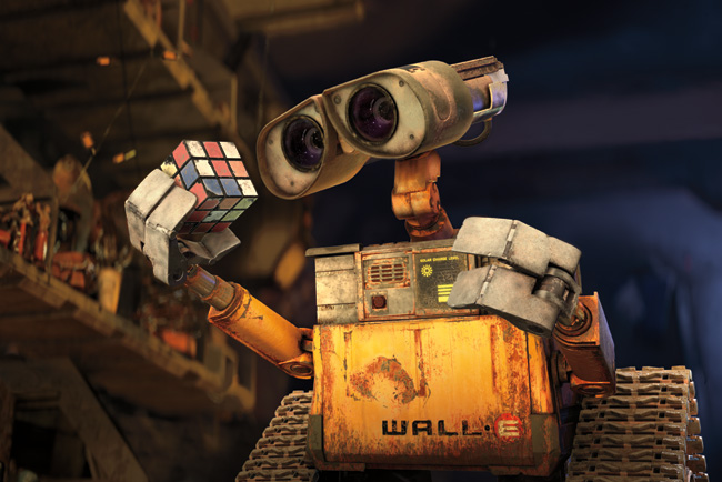 WALL-E in WALL-E, which is written and directed by Andrew Stanton and features voice work from Ben Burtt, Elissa Knight, Jeff Garlin, Fred Willard, John Ratzenberger, Kathy Najimy and Sigourney Weaver