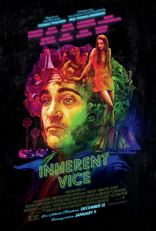 The movie poster for Inherent Vice starring Joaquin Phoenix from Paul Thomas Anderson