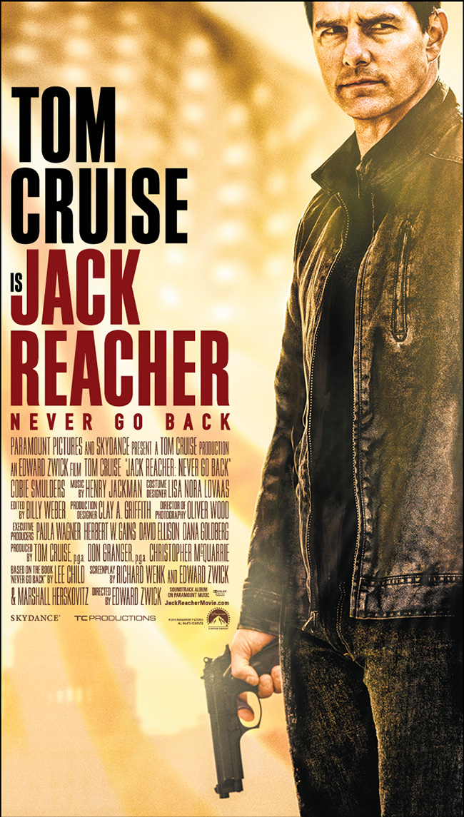 The movie poster for Jack Reacher: Never Go Back starring Tom Cruise and Cobie Smulders